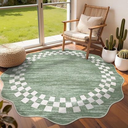 6ft Washable Round Rug for Entryway Modern Checkered Bedroom Circle Rug Non Slip Soft Dining Room Round Throw Carpet Large Stain Resistant Border Round Rugs for Living Room Kitchen Bathroom, Green