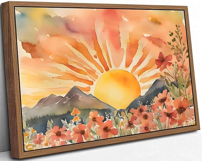 Framed Boho Sun Canvas Wall art Mid-Century Modern Abstract Bohemian Sunset in The Mountains Watercolor Wildflowers Sunrise Landscape Picture Wall Decor Poster Print Artwork for Living Room