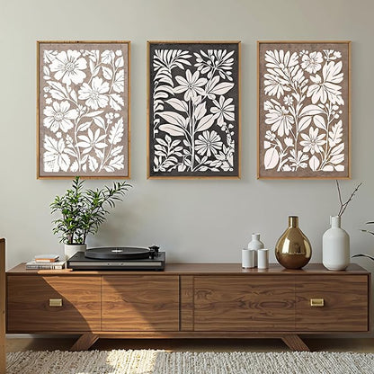 HLNIUC Black Brown Botanical Flower Wall Art Framed, Neutral Minimalist Wildflower Wall Decor set of 3 (16"x24"), Rustic Farmhouse Grey Canvas Painting, Nature Prints for Living Room, Bedroom, Office