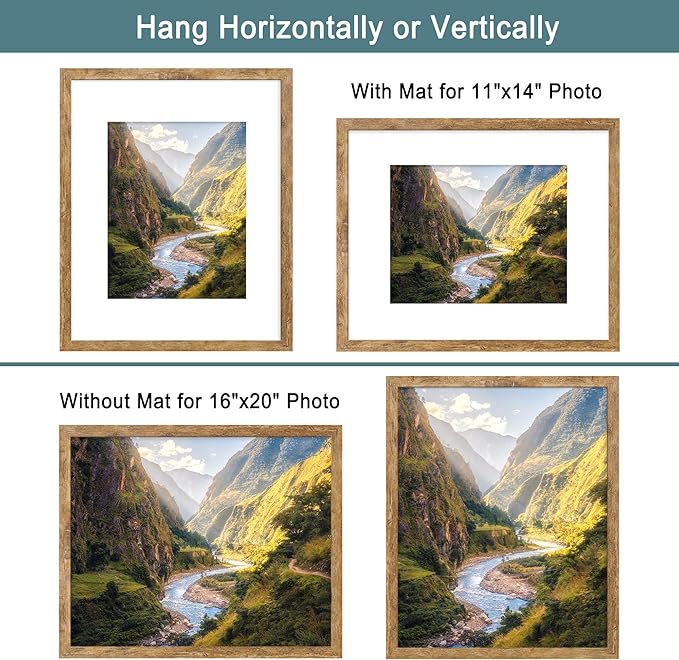 iRahmen 16x20 Picture Frame Set of 2 with Plexiglass, Display Pictures 11x14 with Mat or 16 x 20 Without Mat, Rustic Brown Wood Poster Frame for Photo Wall Gallery Mounting