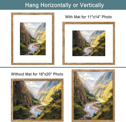 iRahmen 16x20 Picture Frame Set of 2 with Plexiglass, Display Pictures 11x14 with Mat or 16 x 20 Without Mat, Rustic Brown Wood Poster Frame for Photo Wall Gallery Mounting