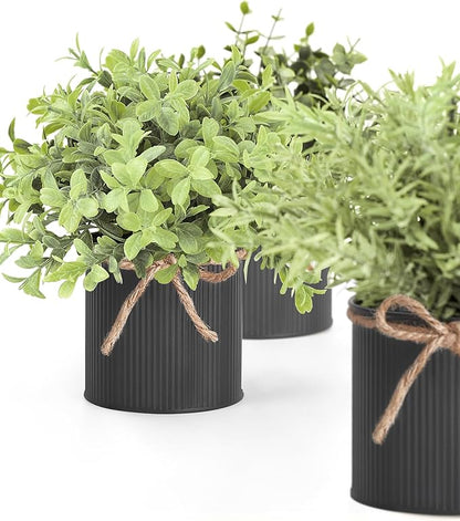 Mkono 3 Pack Small Fake Plants in Black Galvanized Metal Pots Artificial Eucalyptus Plants for Christmas Decorations Shelf Desk Home Farmhouse Room Coffee Table Bathroom Decor