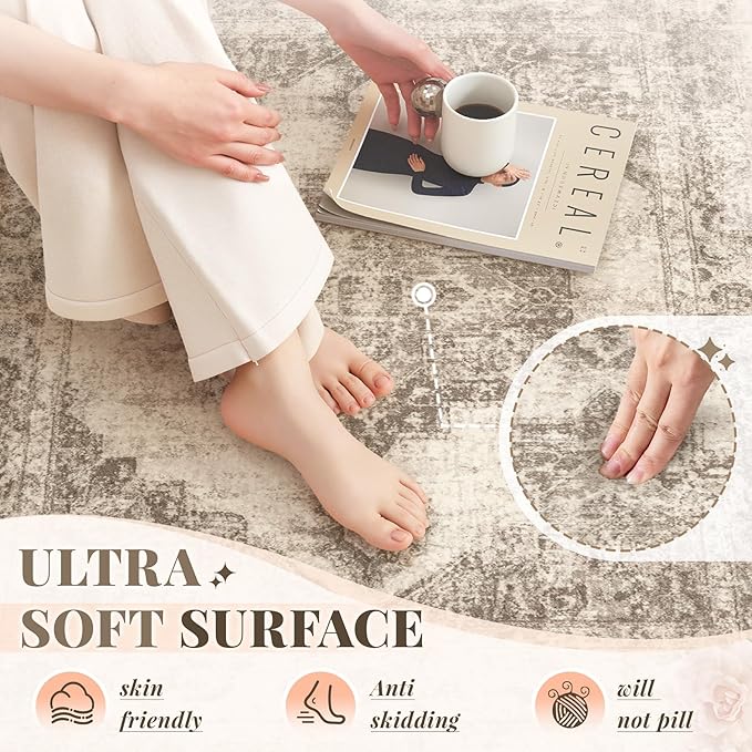 Area Rug 8x10 Vintage Rugs: Large Washable Indoor Medallion Rug Low Pile Distressed Floor Carpet Retro Accent Rugs for Living Room Bedroom Kitchen Dining Table Home Office(Taupe, 8'x10')