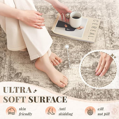Area Rug 8x10 Vintage Rugs: Large Washable Indoor Medallion Rug Low Pile Distressed Floor Carpet Retro Accent Rugs for Living Room Bedroom Kitchen Dining Table Home Office(Taupe, 8'x10')