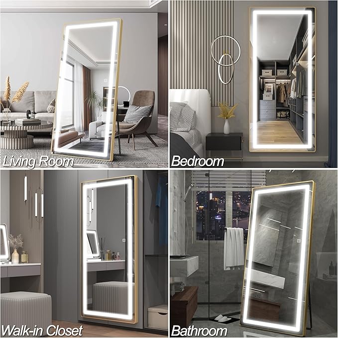 FENNIO Full Length Mirror with Lights, 70" x 32" LED Full Body Mirror, Free Standing Lighted Floor Mirror, Wall Mounted Hanging Mirror with Lights for Bedroom, Salon, Brushed Aluminum Frame, Gold