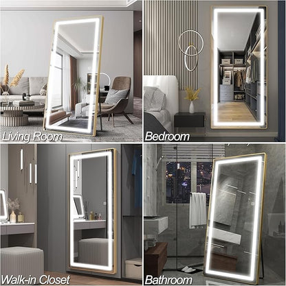 FENNIO Full Length Mirror with Lights, 70" x 32" LED Full Body Mirror, Free Standing Lighted Floor Mirror, Wall Mounted Hanging Mirror with Lights for Bedroom, Salon, Brushed Aluminum Frame, Gold