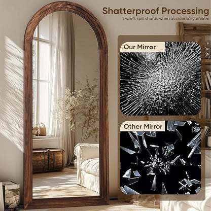 Full Length Mirror, 71"x32" Wooden Mirror Full Length with Stand Wood Floor Mirror, Oversized Stand Up Mirrors Large Wall Mirrors, Wall Mounted Mirrors, Arched Wood Style, Walnut