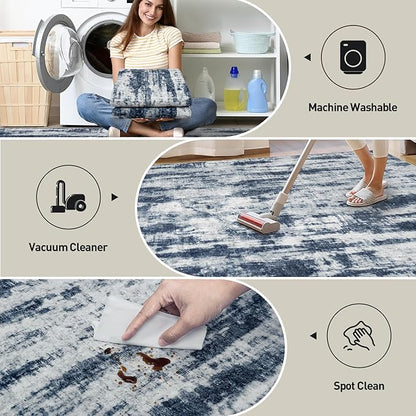8x10 Area Rugs Washable Rug: Modern Abstract Living Room Rug Soft Anti-Skid Thin Carpet Indoor Floor Non-Shedding Carpets for Bedroom Dining Room Farmhouse Nursery Home Office Blue Grey