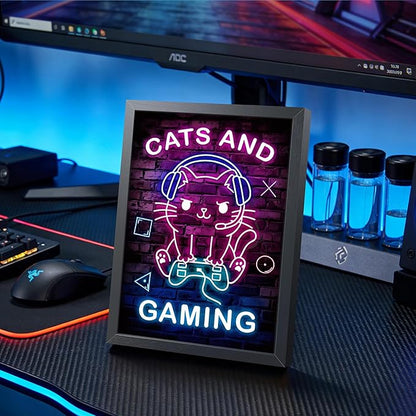 Funny Cat Gaming Wall Art, Neon Gamer Canvas Print Framed, Cute Cartoon Cat with Headset Video Game Poster, Boys Teen Kids Bedroom Gaming Room Wall Decor 8x10 Inch