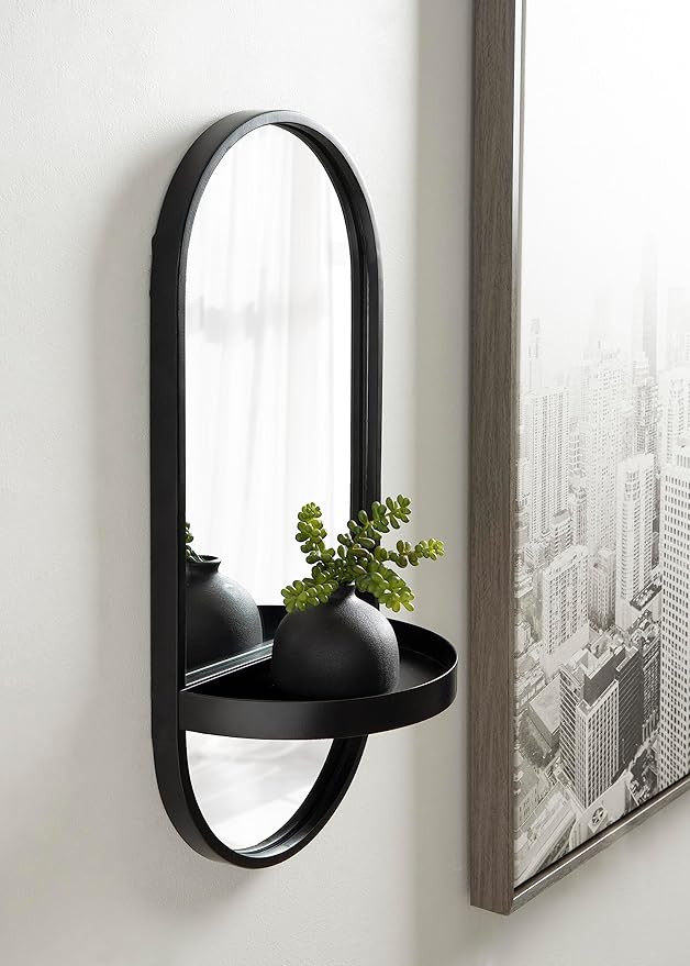 Kate and Laurel Estero Modern Metal Oval Mirror with Rounded Shelf; 11 x 25; Black; Decorative Contemporary Capsule Shelf Mirror for Storage and Display