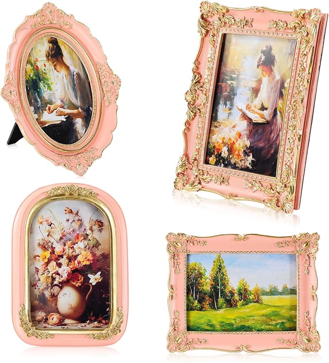 Geetery 4 Pcs Vintage Picture Frames Set, Pink Ornate Baroque Frames for Gallery Wall, Antique Victorian Decorative Photo Frame for Tabletop or Wall Display, Shabby Cottagecore Home Decor