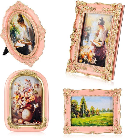 Geetery 4 Pcs Vintage Picture Frames Set, Pink Ornate Baroque Frames for Gallery Wall, Antique Victorian Decorative Photo Frame for Tabletop or Wall Display, Shabby Cottagecore Home Decor