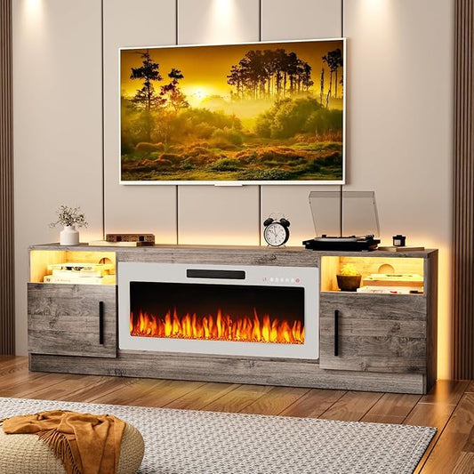 TAVATA 70" Fireplace TV Stand, Modern LED Light Entertainment Center with Storage and 36" Fireplace, Media TV Console for TVs Up to 80", Fire Place TV Stands for Living Room, Grey+White