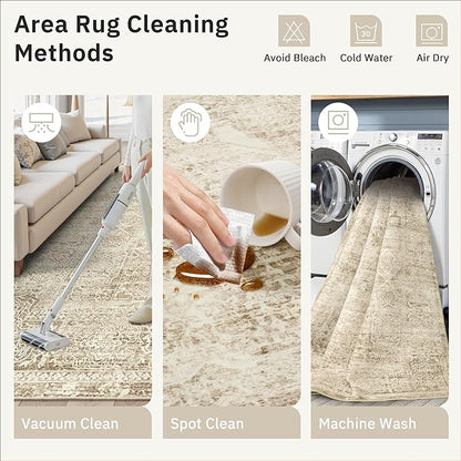 Soalmost 5x7 Area Rugs Brown Low Pile Indoor Washable Trendy Faded Style Floral Rugs for Bedroom Living Room Dining Room Foldable Non-Slip Thin Print Mat