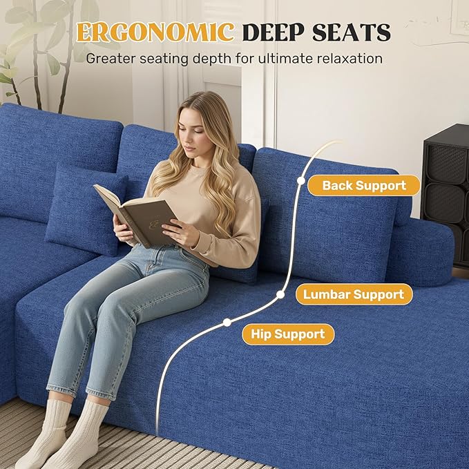 112" Modern Curved Cloud Couch, Chenille Boneless Couches for Living Room with Deep Seat, Memory Foam Compressed Modular Sectional Sofa, No Assembly Required,Navy Blue 1 PCS