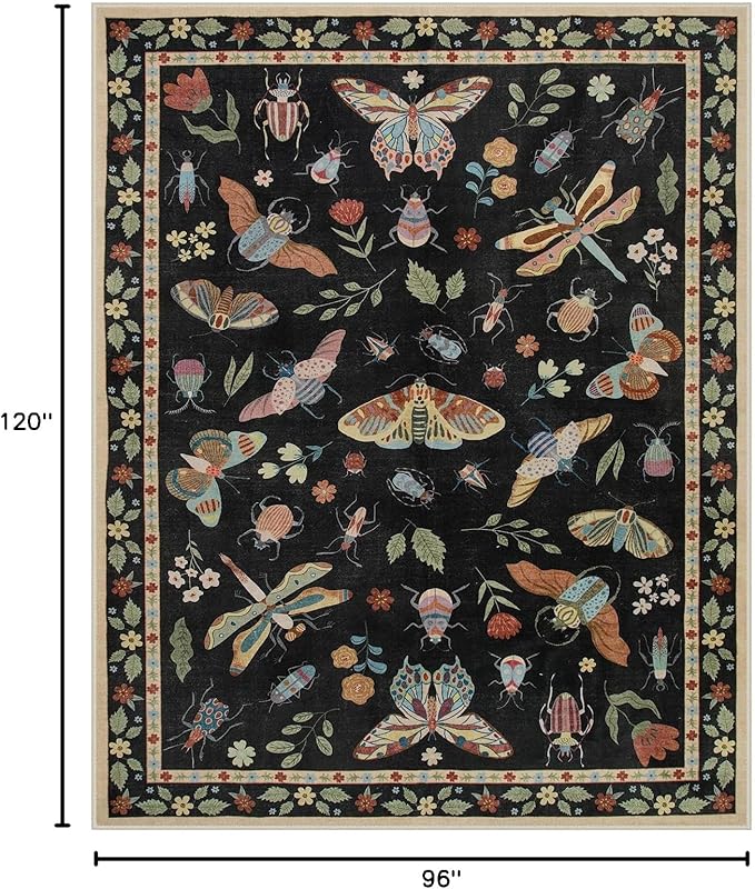 Lahome Insect Area Rugs 8x10, Non Slip Washable Rugs for Living Room 8x10 Rug, Soft Modern Bedroom Rug Under Bed Ultra-Thin Large Carpet for Dining Room Office Playroom Vionnet, Black