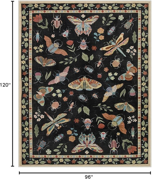 Lahome Insect Area Rugs 8x10, Non Slip Washable Rugs for Living Room 8x10 Rug, Soft Modern Bedroom Rug Under Bed Ultra-Thin Large Carpet for Dining Room Office Playroom Vionnet, Black