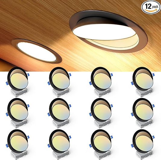 Ensenior 12 Pack 6 inch Black Gimbal Led Recessed Light, 5CCT 2700K-5000K, 360°+90° Rotatable, Dimmable, Aluminum, CRI90+, 1300LM 12W 120V, Eyeball Recessed Lighting, Directional Can Light, ETL&FCC