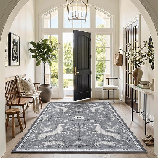 Lahome 6x9 Washable Deer Rug, Dorval Boho Woodland Vintage Area Rug, Non Slip Low Pile Soft Grey Carpet for Living Room Dining Room Bedroom Kitchen Nursery Home Decor