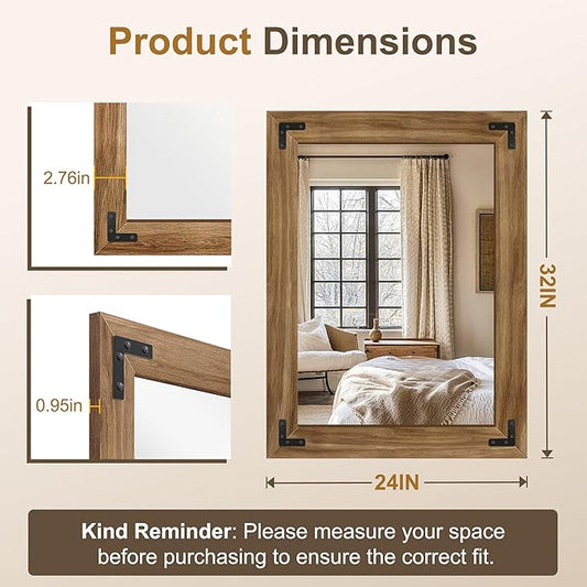 AMOISE Farmhouse Bathroom Vanity Mirror, 32" x 24" Wood Frame Wall Mirror, Vintage Rustic Decor for Entryway, Bedroom, Living Room, Vertical or Horizontal Hanging