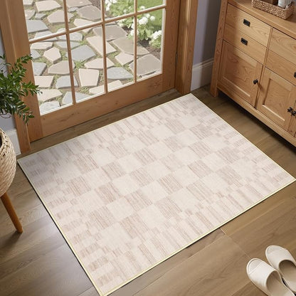 GarveeHome Beige Checkered Rug 2x3 Washable Rug Non-Slip for Entryway, Soft Low-Pile Small Area Rugs,Beige Neutral Modern Geometric Rugs for Kitchen