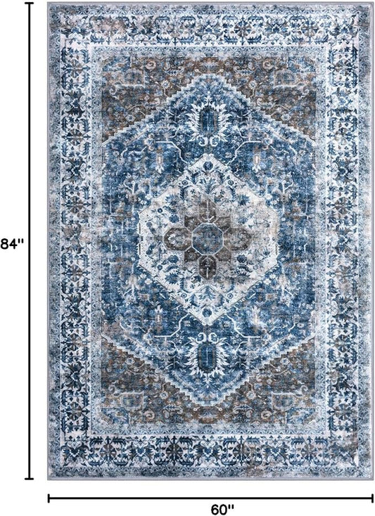 KOZYFLY Boho Area Rug 5x7 Ft Thin Rugs for Living Room Washable Bedroom Rug Non Slip Rugs for Living Room Blue Printed Faux Wool Vintage Bedroom Rug Floor Carpet for Dining Room