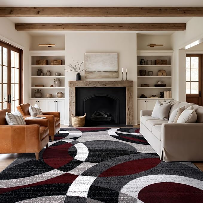 Rugshop Red Modern Geometric Indoor Large Area Rug, Overlapping Circle Pattern, Fade Resistant, Non-Shedding, for Living Room, Dining Room and Family Room, 7'10" x 10'2"