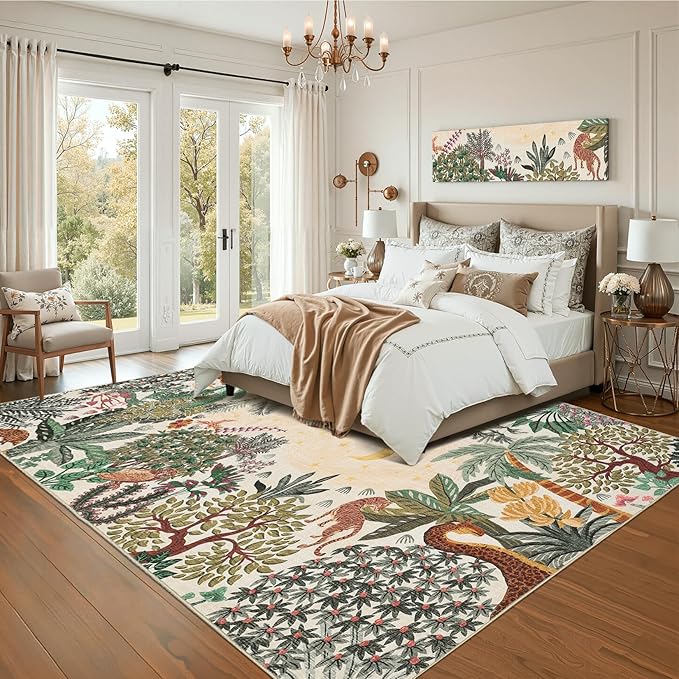 GarveeHome Area Rugs 8x10 for Living Room, Jungle Animal Large Washable Rug Soft Non Slip Backing Floor Mat Carpet Indoor Thin Accent Rug for Bedroom Dining Room Playroom Nursery Home Decor