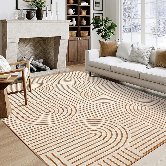 ROYHOME Washable Rug 5x7 Area Rugs for Living Room, Abstract Rug for Bedroom, Soft Rainbow Non Slip Throw Rugs with Rubber Back, Low Pile Stain Resistant Boho Geometric Carpet for Dining Room,Orange