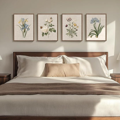 Framed Vintage Botanical Wall Art, 4 Piece Rustic Floral Painting Canvas Prints for Living Room Bedroom Dining Room Kitchen Hallway, Flower Butterfly Pictures for Farmhouse Wall Decor, 12x16 Inch