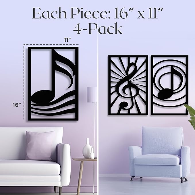 GALLERY GRACE Metal Wall Art Decor – 11" x 16" Set of 4 Single Line Abstract Wall Art for Living Room, Office, or Studio – Modern Minimalist Black Wall Decor with Music Note and Symbol Panels