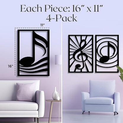 GALLERY GRACE Metal Wall Art Decor – 11" x 16" Set of 4 Single Line Abstract Wall Art for Living Room, Office, or Studio – Modern Minimalist Black Wall Decor with Music Note and Symbol Panels