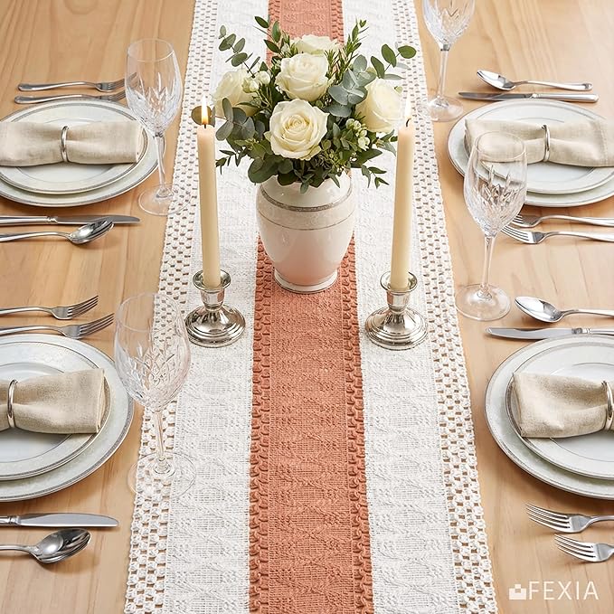 FEXIA Boho Table Runner for Summer Home Decor with Tassels 72 Inches Farmhouse Long Rustic Table Runner Macrame Burlap Centerpieces for Tables Decoration for Living Room Coral (12x72 Inches)