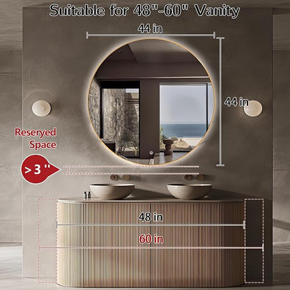 Niccy 44" LED Backlit Round Mirror for Bathroom, Gold Framed Vanity Light Wall Mirror, LED Smart Circle Mirrors with 3 Lighting Colors, Round Lighted Mirror with Anti-Fog, IP65 Waterproof