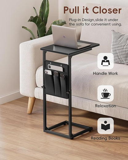 Vagusicc C-Shaped End Table, Small Side Table for Couch, Sofa Table Adjustable Height End Tables Living Room, Bedside Slide Under Couch Table for Sofa, TV Tray Table with Metal Frame for Bedroom,Black