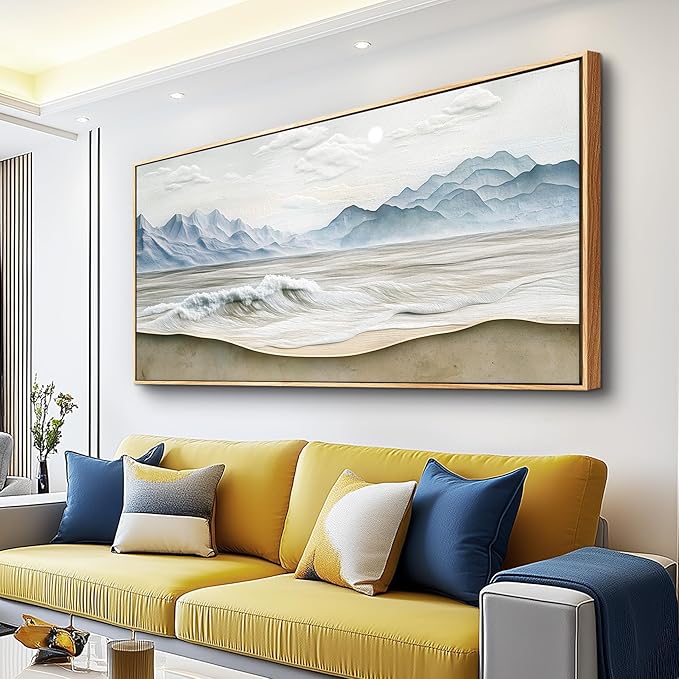Wapluam Large Framed Canavs Wall Art,Ocean Wall Decor Living Room,Beach Pictures Wall Art,Nature Rustic Coastal Landscape Mountain Painting, Above Bed Wall Art, Sea Waves Artwork for Bedroom Bathroom