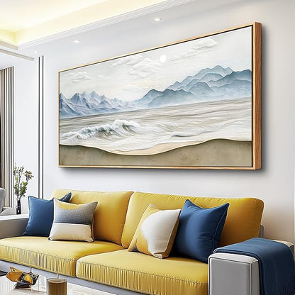Wapluam Large Framed Canavs Wall Art,Ocean Wall Decor Living Room,Beach Pictures Wall Art,Nature Rustic Coastal Landscape Mountain Painting, Above Bed Wall Art, Sea Waves Artwork for Bedroom Bathroom