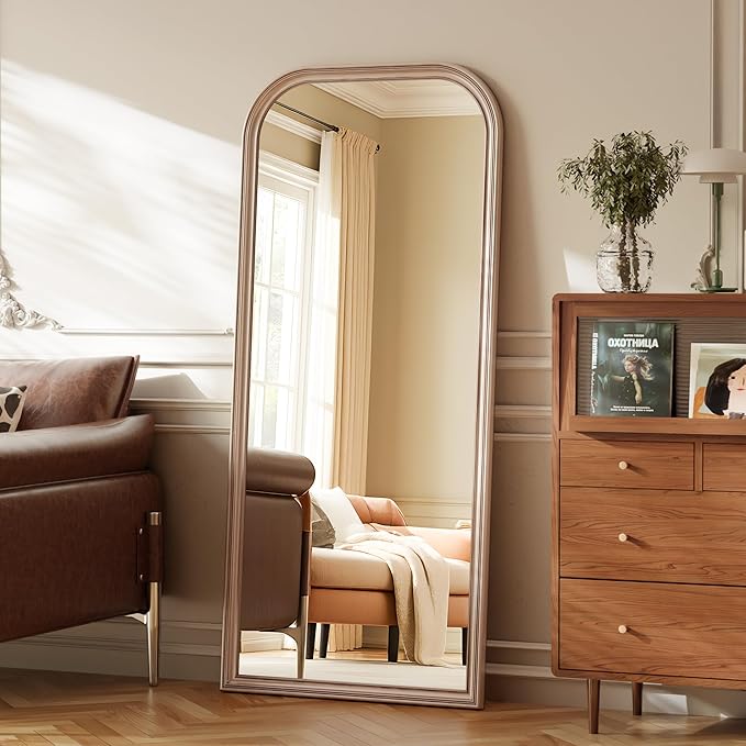32"×71" Rounded Top Large Full Length Mirror, Arched Vintage Floor Stangding Body Mirror - PU Frame, Wall Mounted Hanging Leaning Antique Decor for Dressing Room, Entryway, Bedroom, Silver