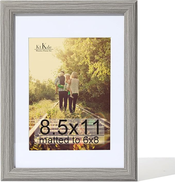 KTKDE 8.5X11 Picture Frame,Display Pictures 6x8 with Mat or 8.5x11 Without, Tempered Glass, 8.5 by11 Gray Wooden Frames Wall or Tabletop Frame,Certificate Document Diploma Award Frame best gift