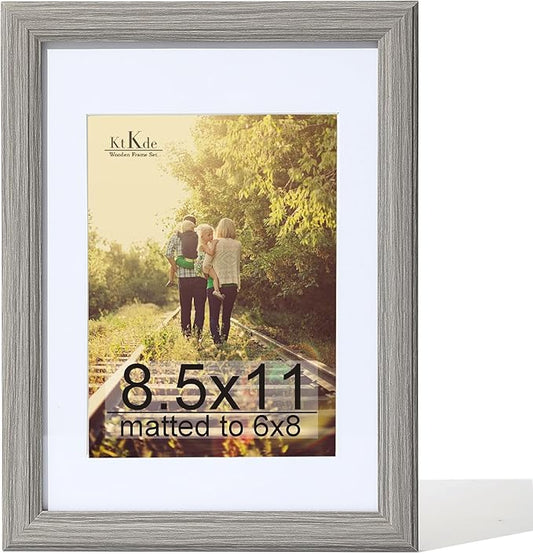 KTKDE 8.5X11 Picture Frame,Display Pictures 6x8 with Mat or 8.5x11 Without, Tempered Glass, 8.5 by11 Gray Wooden Frames Wall or Tabletop Frame,Certificate Document Diploma Award Frame best gift