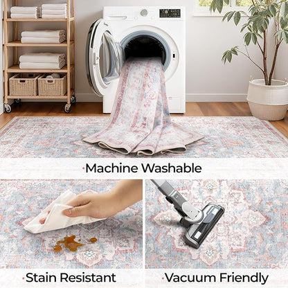 CAPALOCA Machine Washable Rugs Nursery Rug 6x9 Cute Girl Non Slip Low Pile Water Repellent Soft Print Pattern for Bedroom Indoor Decor Kids Playroom Pink Blue