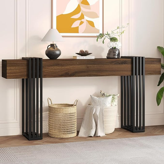 knoworld 71 Inch Long Console Table, Extra Thick Industrial Sofa Table Behind The Couch Rectangular Entryway Table for Entrance Hallway Living Room, Entire top Board & 4-Pipe Legs, Walnut