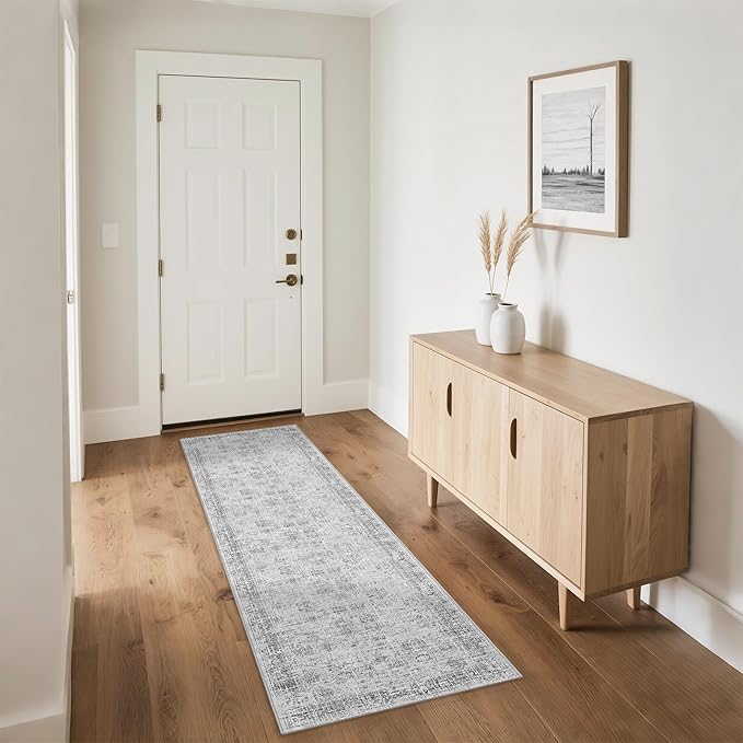 Grey Runner Rugs for Hallway: Abstract Washable Runner Rug 2x6 for Entryway Kitchen Bedroom Bathroom - Modern Cozy Home Decor Long Carpet Mat Stain-Resistant - Light Grey
