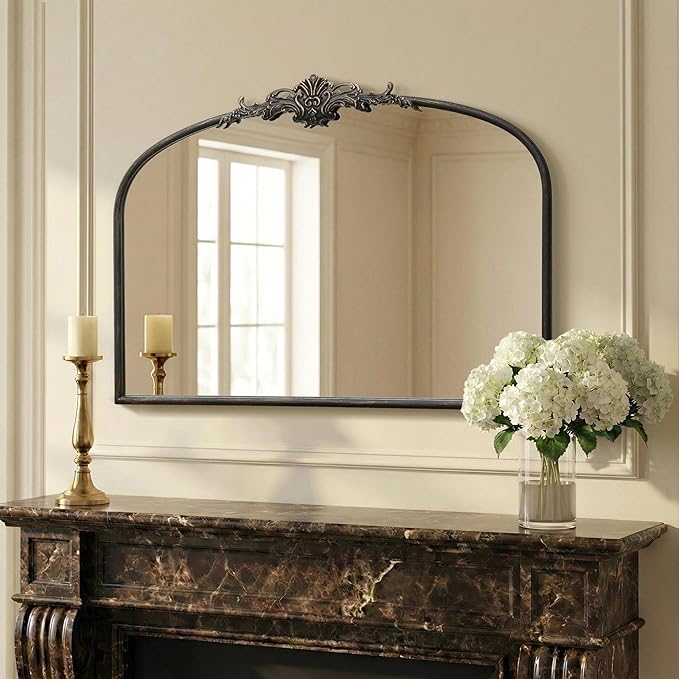 Besdomus Vintage Arched Black Mirror: 32"x24" French Large Black Vintage Wall Mounted Mirror - Baroque Traditional Ornate for Living Room/Fireplace/Bathroom- Wall Decor for Interior Designers