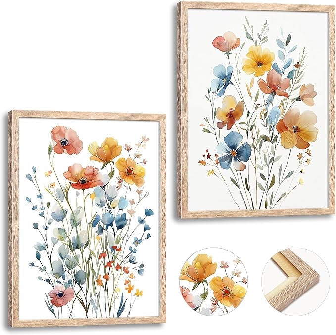 Framed Colorful Flowers Canvas Wall Art for Bathroom Decor, Blue Floral Print, Yellow Orange Flowers Artwork Pictures Poster for Bedroom Living Room Office Decoration 12"x16"x2 Panels