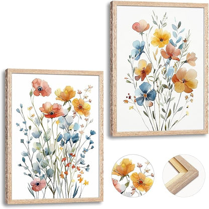 Framed Colorful Flowers Canvas Wall Art for Bathroom Decor, Blue Floral Print, Yellow Orange Flowers Artwork Pictures Poster for Bedroom Living Room Office Decoration 12"x16"x2 Panels