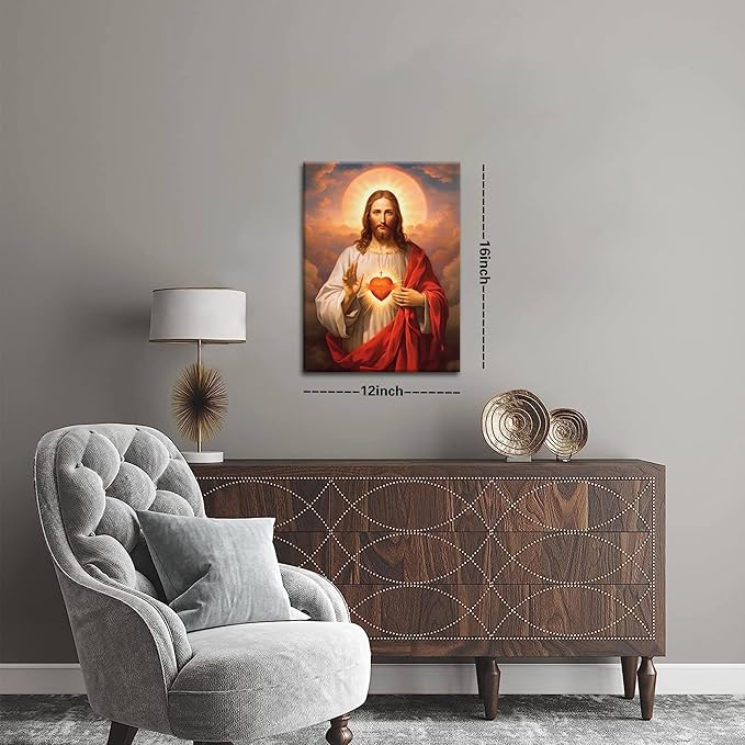 Jesus Sacred Heart Christian Wall Art, Divine Mercy Canvas Paintings Prints Posters Wall Decor, Christ Jesus Portrait Home Decor for Living Room Dining Room Prayer Room Decor 12x16 in Framed