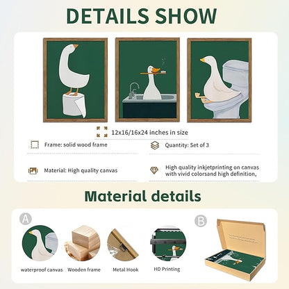 Framed Silly Goose Wall Art Bathroom Art Wall Decor Set of 3, Funny Gooses Poster Print, Dark Green Nursery Decor, Cute Animal Pictures Canvas for Kids Bathroom Washroom – 16x24 inch