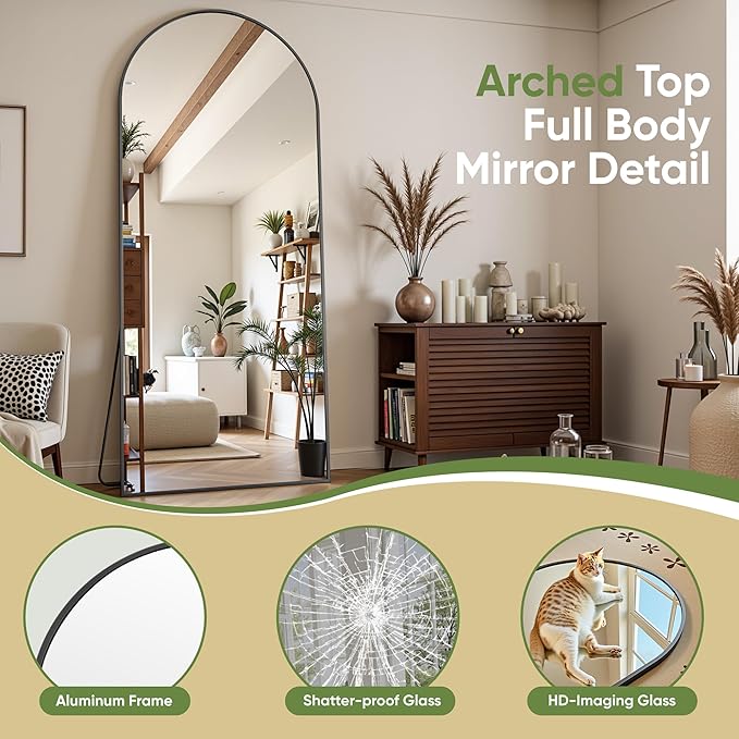 Arched Full Length Mirror 71 x 28 Inch, Full Body Mirror with Stand, Standing Hanging or Leaning Against Wall, Metal Frame Floor Mirror for Bedroom, Living Room, Cloakroom,Black