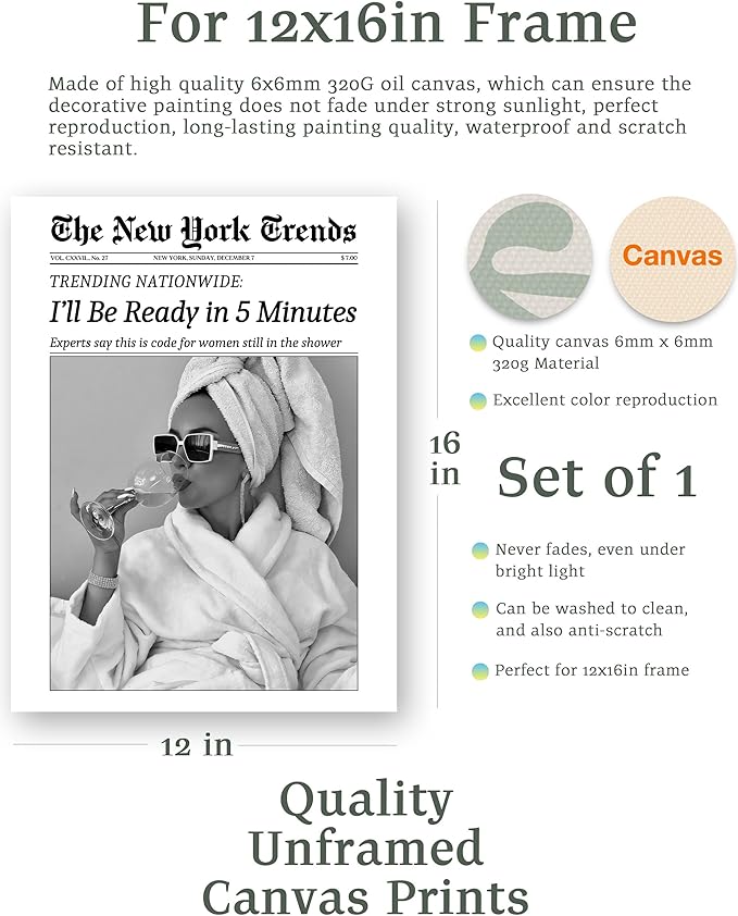 EcoHest Unframed 12x16 Canvas Wall Art, Newspaper I'll Be Ready in 5 Minutes Print, Feminist Makeup Home Decor, Retro Bathroom Decor, Set of 1 For Bedroom Living Room